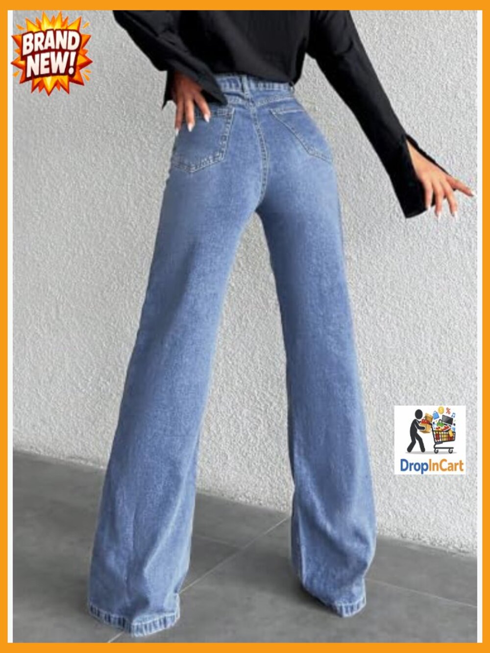 Stretchy High Waisted Flare Jeans Wide Leg Pants with Pockets - Picture 3 of 7